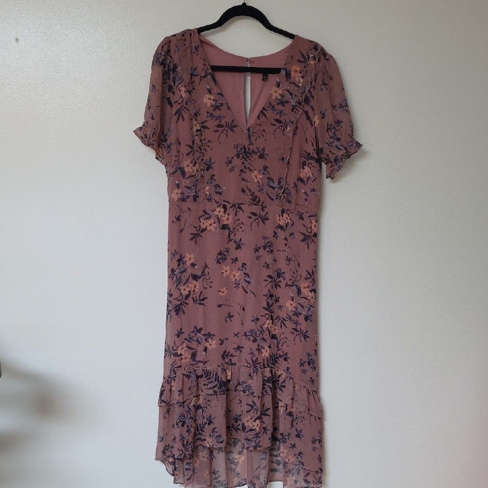 Express Mauve Floral V-Neck Ruffle Hem Midi Dress